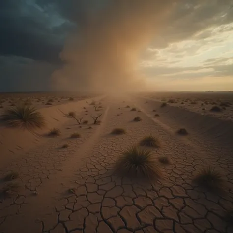 A raging dust storm envelops the desolate, cracked earth of barren farmlands, transformed into sand deserts, with some windswept dunes, under a menacing sky with clouds of ochre greys and deep pale blue hues, as if kissed by an apocalyptic sunset, evoking ...