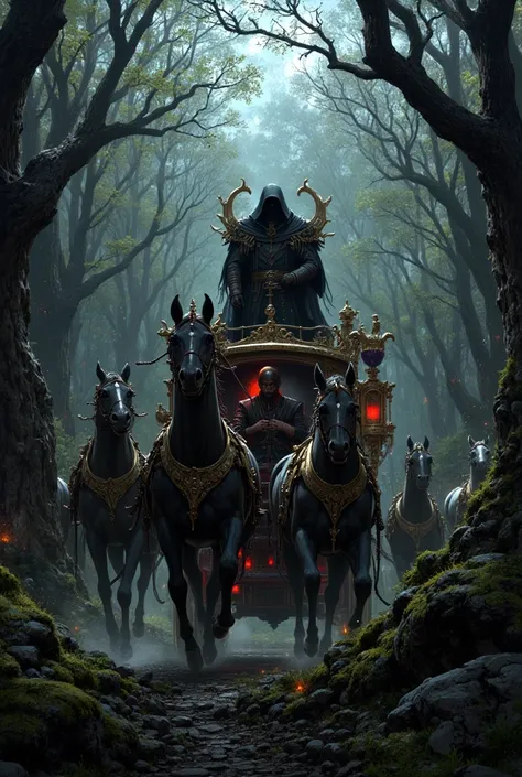 there are 4 horses pulling a carriage with a man on it, dark fantasy artwork, an ominous fantasy illustration, dark fantasy style art, gothic fantasy art, surreal dark fantasy, in style of dark fantasy art, fantasy dark art, dark fantasy art, dark fantasy ...