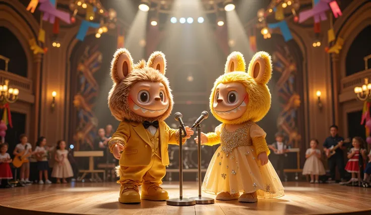 Labubu Brown and Labubu Yellow stand confidently on a brightly lit stage in the school’s art performance hall, singing a duet into their standing microphones. They are dressed in stylish professional singer outfits—Labubu Brown wears a sleek suit with a ma...