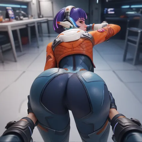 (pov: Behind), 1girl, Juno (overwatch 2), short hair, brown eyes, curvy waist, skinny, butt, small, bent over, big butt, exposed , Embarrassed, ass, jn0, space suit, purple hair, stretching, big ass in the camera pov 