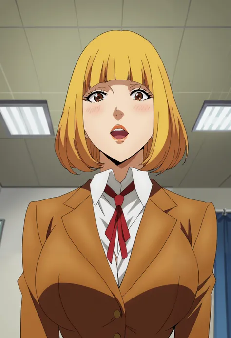 score_9, score_8_up, score_7_up, score_6_up, score_5_up, score_4_up, masterpiece, best quality, very aesthetic, absurdres, source_anime, anime screencap, 1990s \(style\), BREAK (1girl), hana midorikawa, brown eyes, blonde hair, bang, blunt bangs, school un...