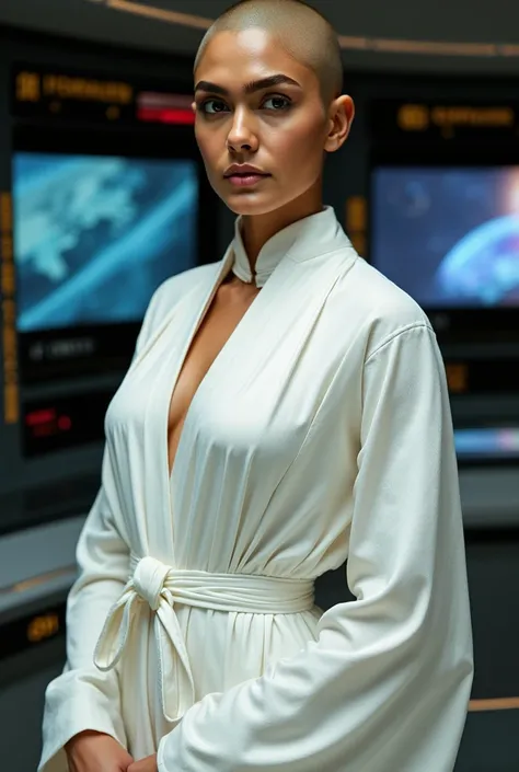 Bald headed beautiful indian actress wearing a  high neck white revealing short robe. On the bridge if the starship enterprise 