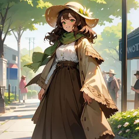 1female, adult, finely detailed green eyes, (wavy medium hair), brown hair, fancy clothing, scarf, sun hat, happy expression, (perfect generation), standing on street, detailed background, flowers