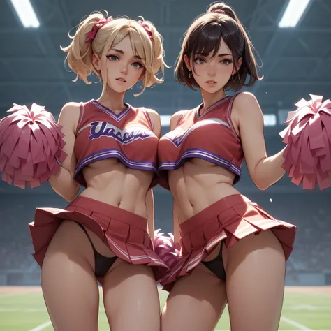 Anime women as cheerleaders , with big boobs and thong ,  raised skirt