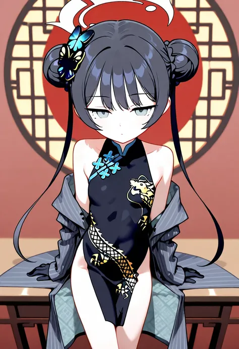 kisaki-default,kisaki \(blue archive\),grey eyes,black hair,double bun,twintails,halo,grey jacket,china dress,pelvic curtain