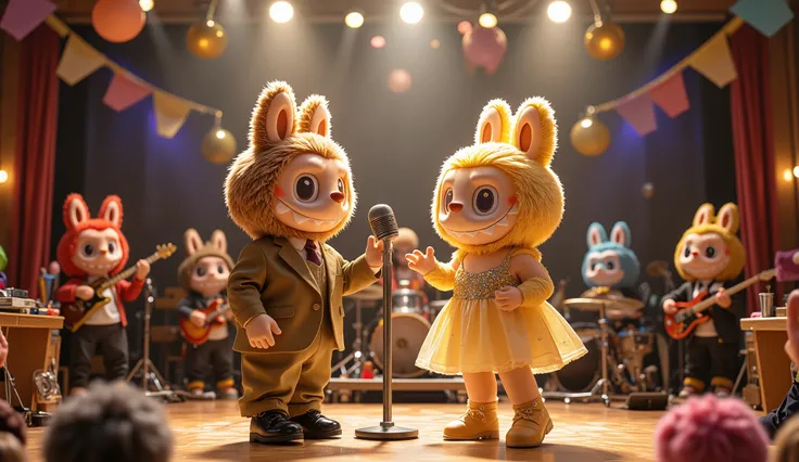 Labubu Brown and Labubu Yellow stand confidently at the center of a brightly lit stage in the school’s art performance hall, singing a duet into their standing microphones. They are dressed in stylish professional singer outfits—Labubu Brown wears a sleek ...