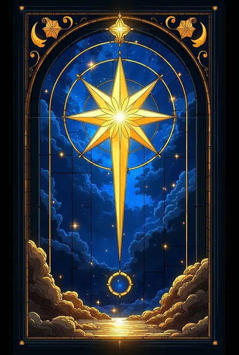 a Tarot card representing a stained glass window, that of the Star. with no human