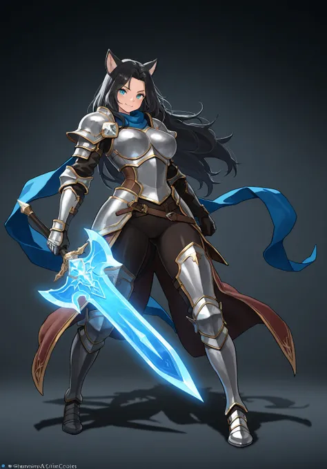 1girl, weapon, armor, black_hair, solo, long_hair, axe, glowing_weapon, blue_scarf, holding, shoulder_armor, scarf, pauldrons, standing, holding_weapon, battle_axe, sword, greaves, looking_at_viewer, gauntlets, a close up of a person with a sword and a swo...