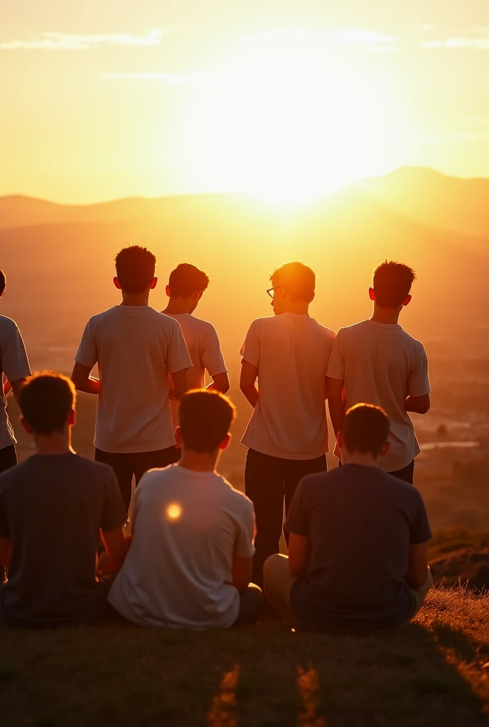 A group of young men on the hill praying, Your face shines with joy and surrender, as if I were receiving something supernatural. This group must represent the plurality of Christian adolescents in Brazil. They're all boys. And put the following sentence i...