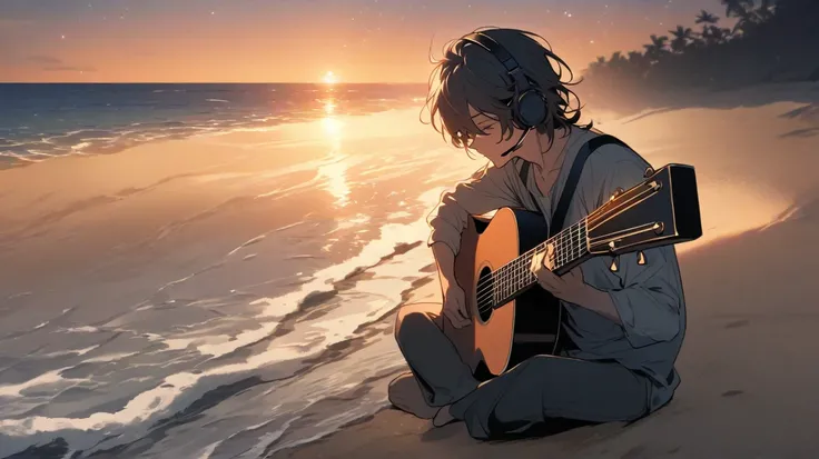 A man sits alone on a deserted beach , At sunset,  with soft waves crashing in the sand ,  while he plays a guitar and reflects on his life,  under a starry sky .The man is wearing a headset on his ears,Show him sitting on the sand facing the water 