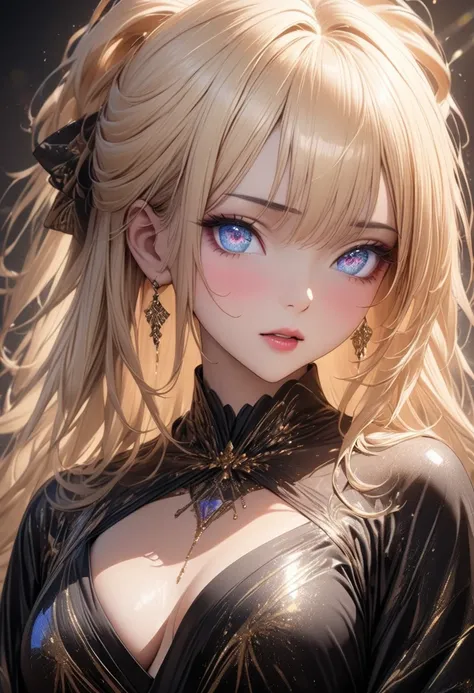 ultra detailed, absolutely resolution, masterpiece. 
cool beauty, blonde glossy silky flowing high layered half-updo, captivating eyes, makeup, lewd expression, lewd great body proportion, wearing jet black Japanese kimono embroidered with gold thread.  
v...