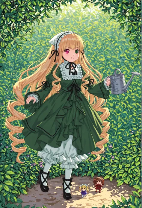  1 girl\( Switzerland \( Rozen Maiden\),doll, small, bonnet,  Head Scarf,  heterochromia ,  green dress,  neck ribbon, Twin drills, brown hair,  Red Eye, green eyes,  Long Sleeve,  green dress,  very long hair, frills,  black ribbon, whiTe headwear, bangs,...