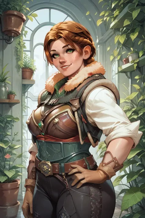 LaceHarding, freckles, short hair, brown hair, green eyes, fur trim, armor, gloves, pants, belt, braid, curvy, hunting bow, smiling, sexy, greenhouse