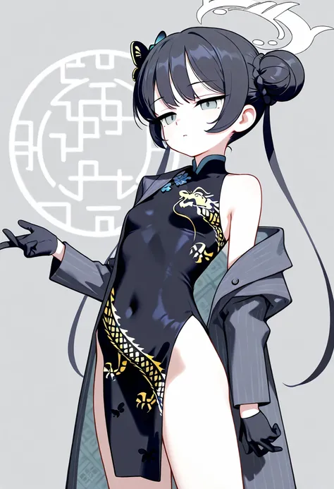 kisaki-default,kisaki \(blue archive\),grey eyes,black hair,double bun,twintails,halo,grey jacket,china dress,pelvic curtain