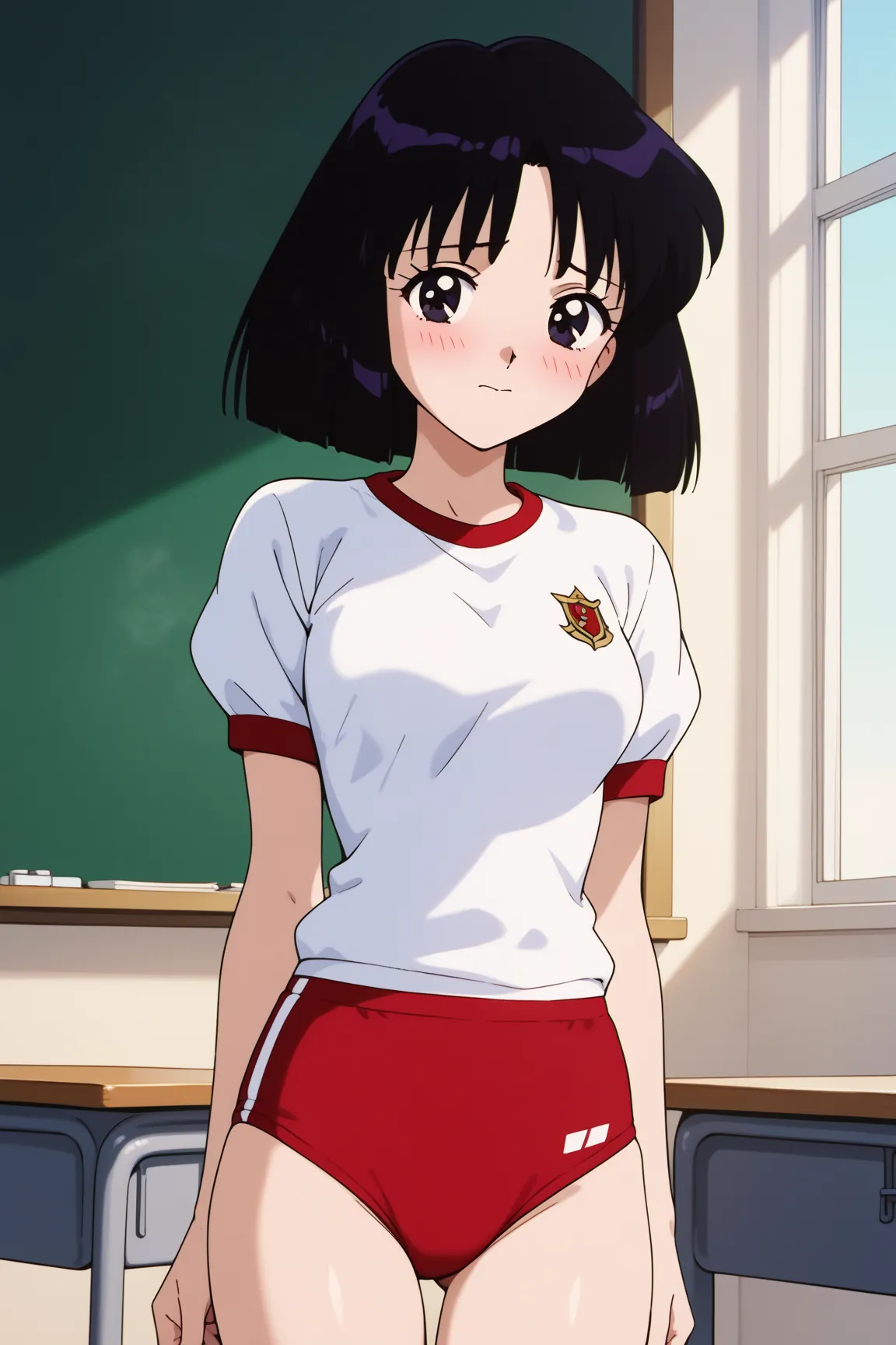 masterpiece,best quality,{{detailed beautiful face and eyes}}, very detailed background,
Hotaru Tomoe,{{{megami magazine}}},short hair,black hair,black eyes,medium breasts,
gym uniform,red buruma, white shirt, short sleeves, thighs,
1girl,(is embarrassing,...