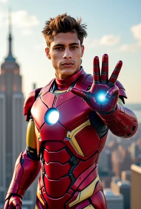 I need you to turn this person into Iron Man, the Marvel superhero., That I have the face of this person and the characteristic costume of Iron Man that has one hand pointing and placing a cityscape at them