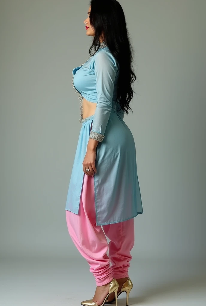 40 year old  tall and slim belly  indian  women, sky blue tight fitting silk kurti and pink tight silk churidar leggings,long black hair ,6 inch gold stelito heels,thick leggs, round ass 43 inch ,bulging ass,huge breast,exposing ass,standing side view of w...