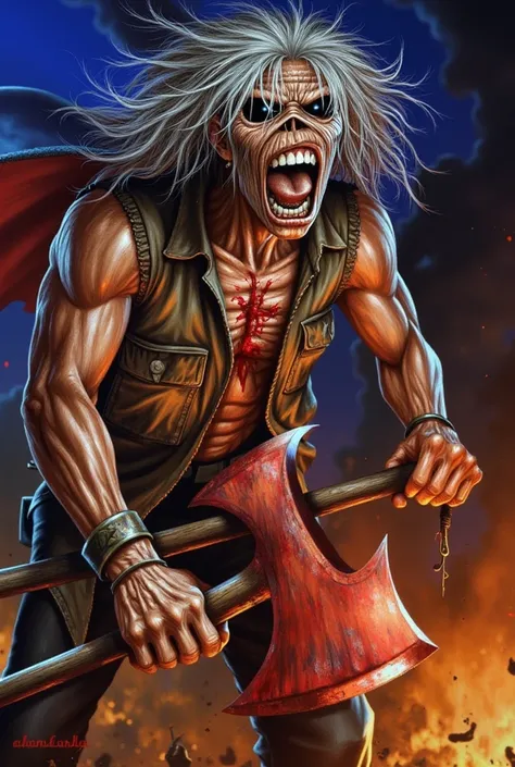 a close up of a person holding a bloody ax in a kingdom night, 1 9 8 0's heavy metal album art, iron maiden, Eddie , iron maiden album cover, cheesy iron maiden motifs, metal album cover art, thrash metal, heavy metal artwork, maiden, heavy metal art style...