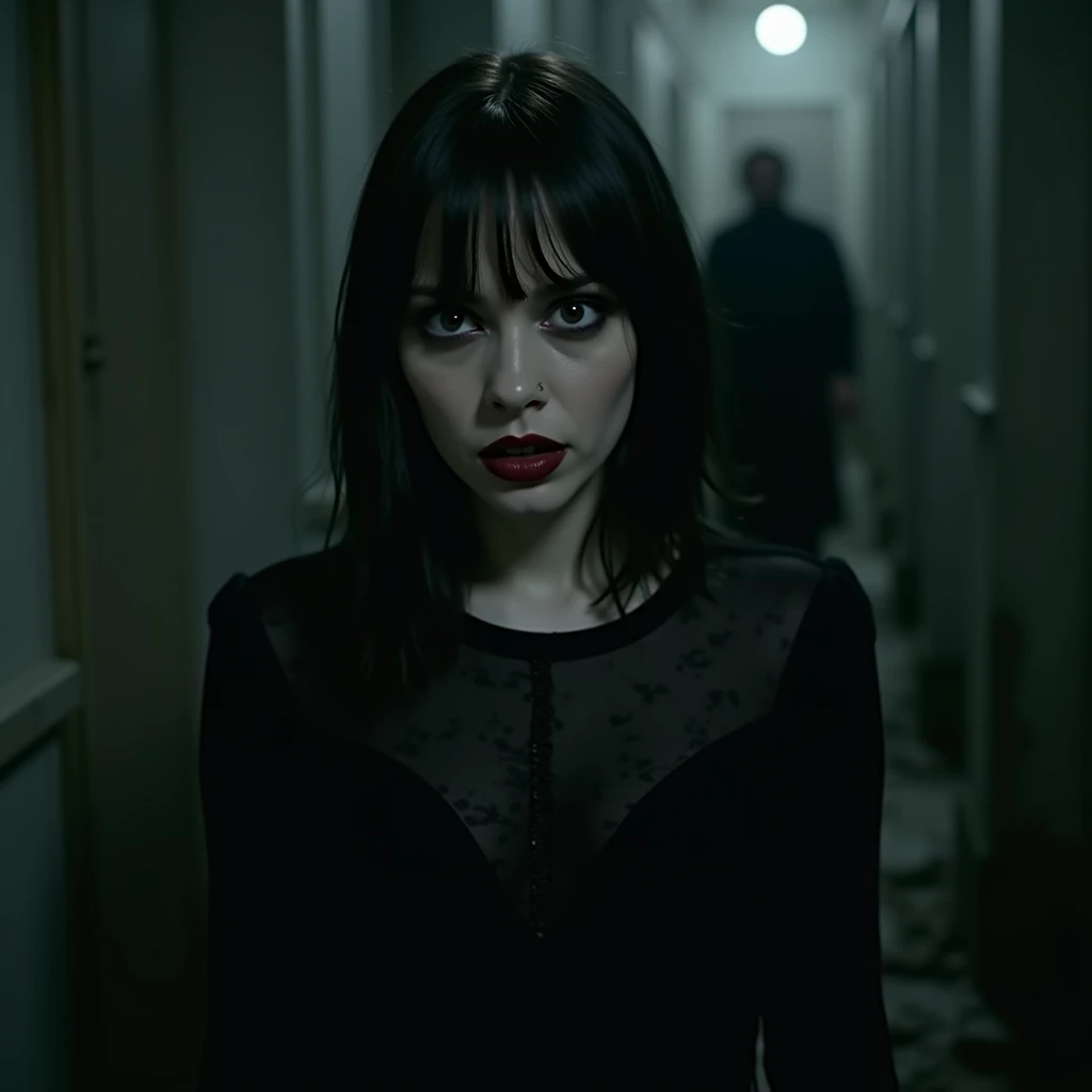 
a dark gothic witch woman, dark gothic makeup, medium short hair in dark gothic style, with black nude pantyhose , with a scared look towards the camera, behind her a mysterious strangler in the distance is heading towards her in a threatening way, Master...