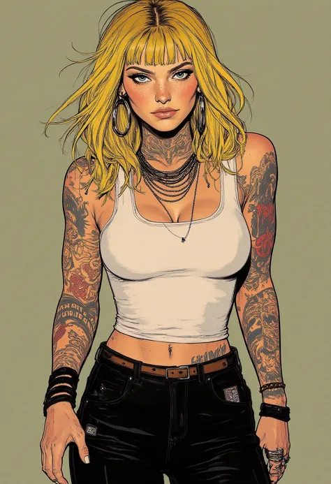 A gorgeous sexy woman in sexy casual attire. She wears black fatigues pants and a white tank top. ((Blonde square fringe Hair)), ((piercings)), ((Earrings)), ((lot of jewelry)), ((lot of tattoos)), big sagging breast, deep cleveage 