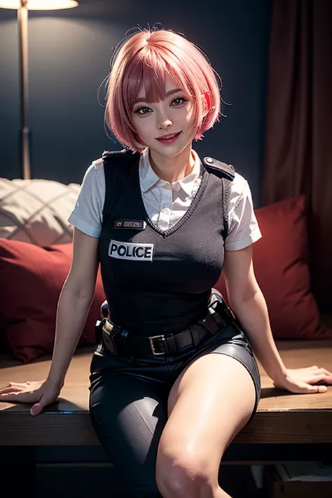 Shine eyes, ( and stare at the viewer,smile with open mouth:1.1), (( in the seat)), ( mature woman:1.4), (),  alone,  pink bob hair , ( has an open crotch), ( feet ), ( Thigh Thigh Thigh ), ( police uniform), smile,  on a hotel bed ,  Table Top,  highest q...