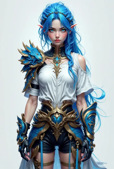  girl with loose blue hair behind and two braids in the front , realistic,  short white ripped shirt ,  left shoulder strap made of parts of a blue dragon , bare right shoulder ,  loose gray sleeves , black gauntlets,  copper-colored belt with blue buckle ...