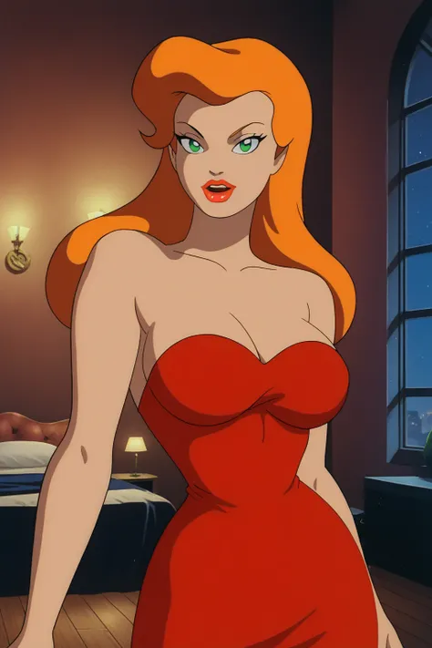 PonyXLV6_Scores BREAK (1980s (style), retro artstyle, perfect anatomy, perfect eyes, cowboy shot), BREAK pamela isley, long hair, orange hair, green eyes, lipstick, red lips, ((looking at viewer)), dress, cleavage, red dress, strapless dress, big large bre...