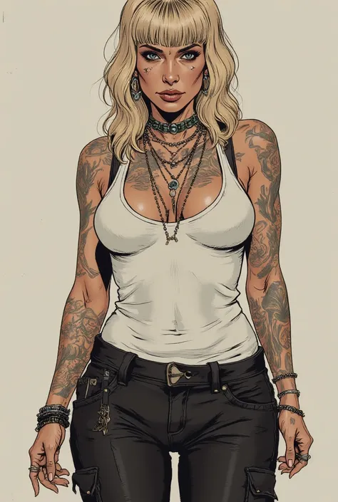 A gorgeous sexy woman in sexy casual attire. She wears black fatigues pants and a white tank top. ((Blonde square fringe Hair)), ((piercings)), ((Earrings)), ((lot of jewelry)), ((lot of tattoos)), big sagging breast, deep cleveage 