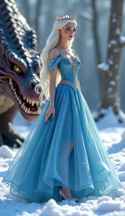 A beautiful stunning woman (( wearing detailed long blue princess dress,  crown on her head, pink lipstick,  beautiful eyes, beautiful ,shinny white long hair, white heels)) stand with a big dangerous dragon in the snow forest , Realistic,Best Quality, Hig...