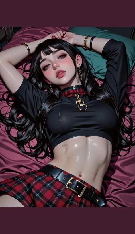 arafed woman lying on a bed with a old pink blanket, top with inscriptions and drawing, red and black plaid miniskirt, You can see his abdomen, sensual image without being vulgar, shiny jet black hair, fringe, hair falls to the sides,  she looks at the cam...