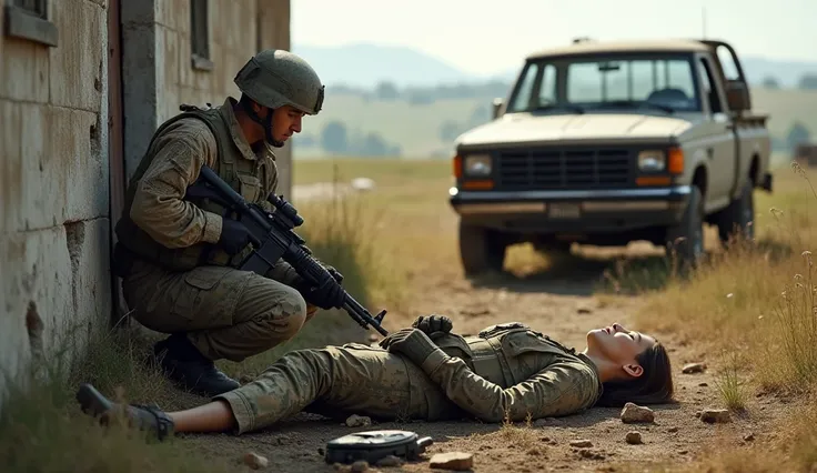 Female soldier dead next to a broken wall on her left and an abandoned pickup truck on the right on a small farm with a soldier holding a shotgun looking for items in the body on the ground without exposure of blood