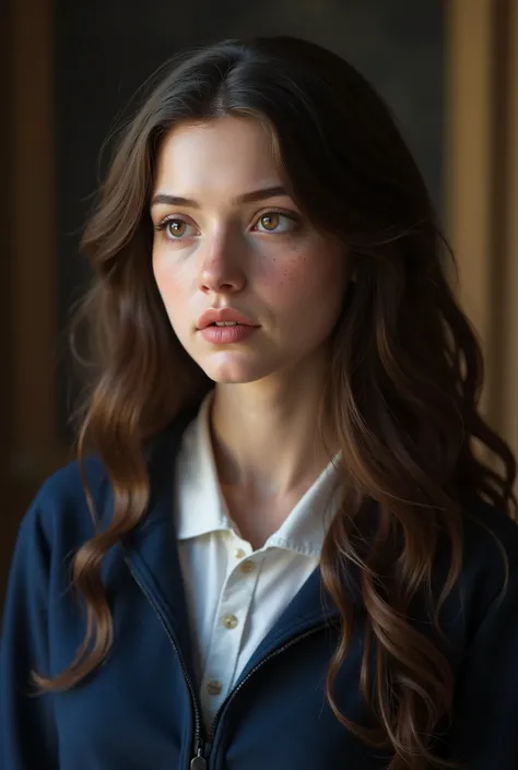 19 year old woman, fair skin, long curly brown hair, brown eyes, some freckles on her face, dressed in a navy blue school uniform.