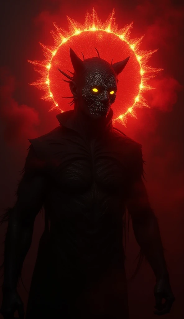 ((masterpiece)) ((Highest quality)) A dark and ominous entity with glowing yellow eyes and intricate glowing patterns across its face. The creature is surrounded by black smoke and a fiery red aura, with sharp, radiant details resembling a halo made of ene...