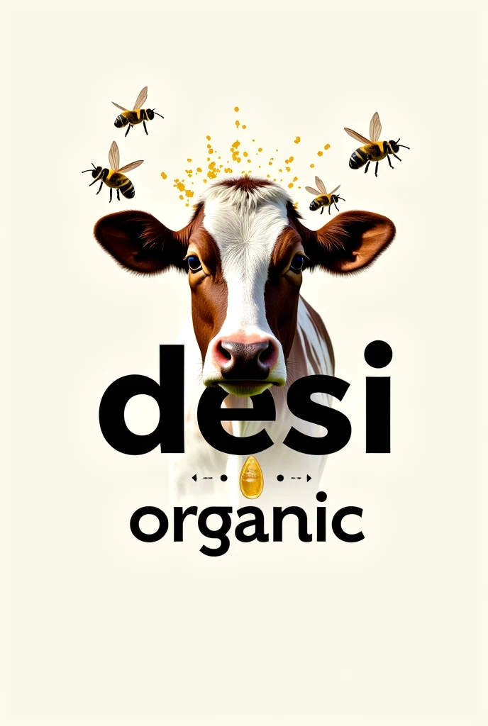 I repeat again cows head should hit the word (DESI) and below cow and desi there should be organic in middle with honey bees on top of cow 