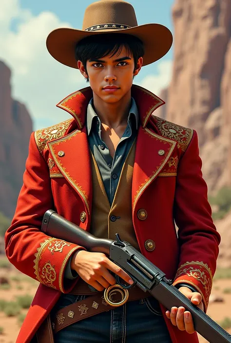  Young man, Brown skin, Western clothing with red and gold overcoat, gun in hand, hat,  smiling,  brown eyes 