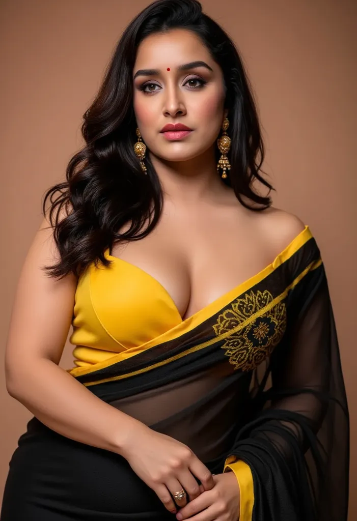 photo of Voluptuous Mature curvy Indian lady with dusky skin, wearing Transparent black saree and  yellow sleeve less Blouse, with earings showing her large d cup Cleavage, navel visible, Red Sindoor on her forehead, Hair messed up, nice curves,  in erotic...