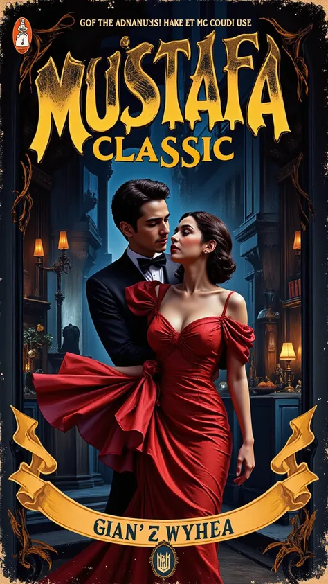 A grainy cover for the book titled "Mustafa Classic", featuring Filmotype Quarry fonts. The illustration showcases a dark-haired woman in an elegant dress and a handsome gentleman, gracefully dancing Bachata. This captivating portrait, reminiscent of Rober...