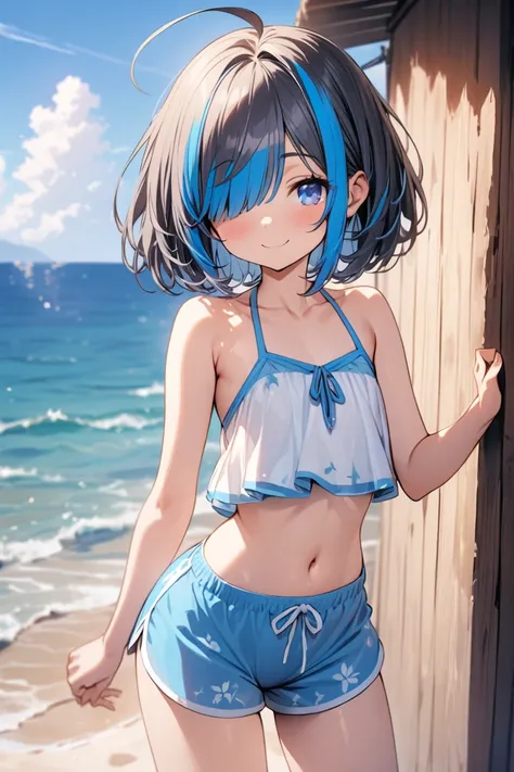 （masterpiece：1.2），Super detailed，solo girl, Hiding one eye, bob cut hairstyle, navy hair, ((highlights hair, Blue streaked hair)), ahoge, tareme, blue eyes,flat chest, beach shorts, see side, smile