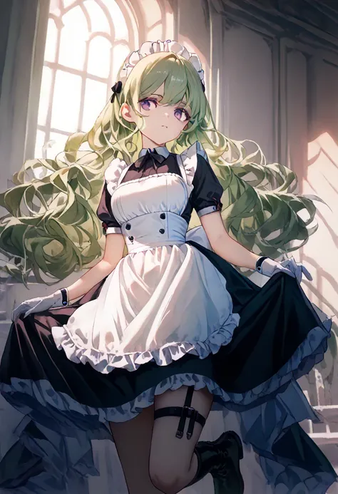  1girl, , One,  green hair ,  long hair,  wavy hair,  purple eyes,  maid dress , white apron, maid cap , black bow ,  frilled dress, hip strap ,  white gloves, black boots, 