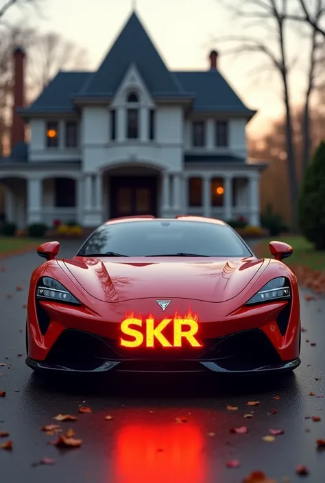 Create me the car with the plate number written the word skr in red words that are in fire and the car Should be Infront of the house 