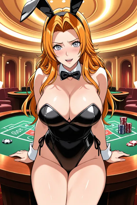 score_9, score_8_up , score_7_up , source_anime,  one beautiful girl,  Alone,  Rangiku Matsumoto, long hair, grey eyes, orange hair, parted bangs, Orange Playboy Bunny, Rabbit Ears, casino, looking at viewer, cowboy shot, blush, Worried brow, Smile, highly...