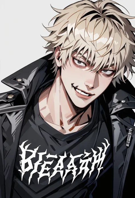 one man, black death metal shirt, keen eyes, messy blonde hair, short hair, bangs, black pants, looking at viewer, black eyes, EPblackmetalprint, wearing EPblackmetalprint, black coat, studded coat, long coat, simple background, bags under eyes, sexy, hand...