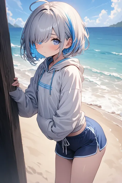 （masterpiece：1.2），Super detailed，solo girl, Hiding one eye, bob cut hairstyle, navy hair, ((highlights hair, Blue streaked hair)), ahoge, tareme, blue eyes,flat chest, beach shorts, see side, Calm, hoodie