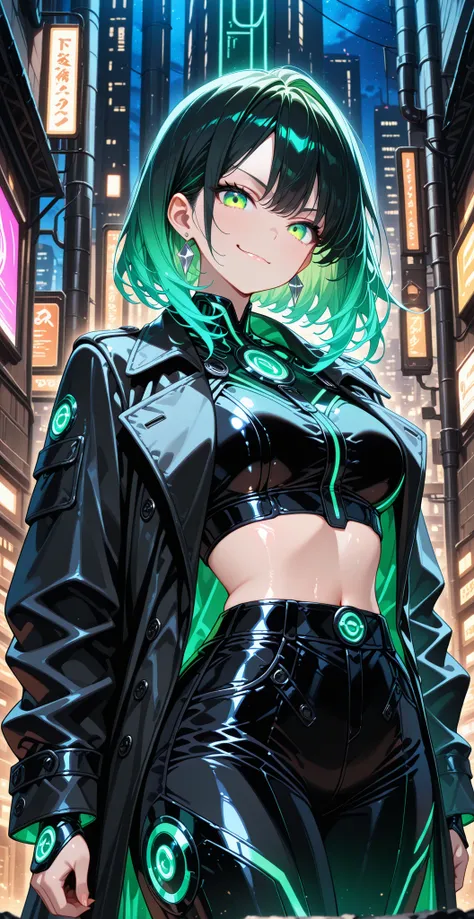 (fair skin, shiny skin:1.2), 1girl, solo, adult female, (multicolored hair, black hair, green hair, gradient hair), bob hair, soft green eyes, mysterious, stand neon-lit iyscape at night, wearing a black trench coat, black crop top, high-waiste black lathe...