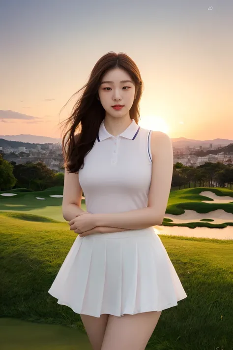 Ultra-detailed, photorealistic portrait of a stunningly beautiful woman with a perfect, athletic figure, standing confidently on a lush green golf course at sunset. She wears a stylish, form-fitting golf outfit: a very short, pleated white skirt that accen...