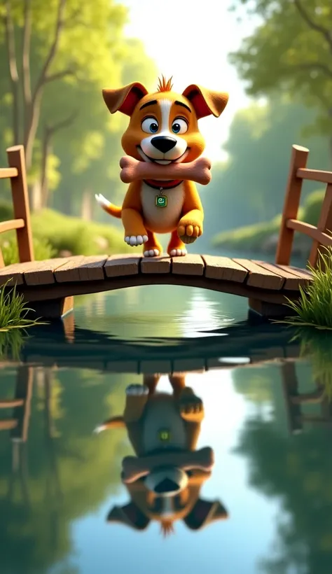 Play the dog with the bone in its mouth crossing a bridge over the river, I see the reflection of your shadow in the water, Disney pixar style 