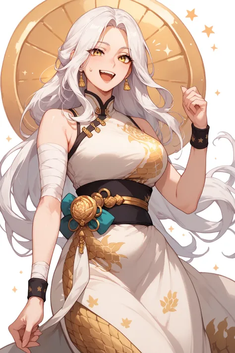 1  woman, yellow eyes, white hair, White dress, Dress with gold details, dragon print on the dress, gold sash, black wristband,, Gold sweatpants, bandages, long hair,Mother,Parted bangs,Happy, home scene