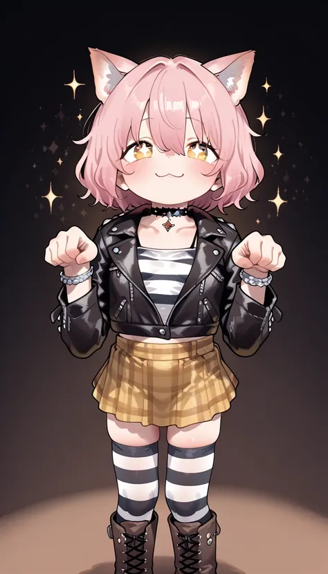 (masterpiece, best quality, amazing quality, very aesthetic, absurdres, newest:1), masterpiece,best quality,amazing quality,medium hair,light pink hair, ((bob cut)),strong wavy hair ,hair between eyes ,cat ears,gold eyes,sparkling eyes , :3 ,loli face,smal...