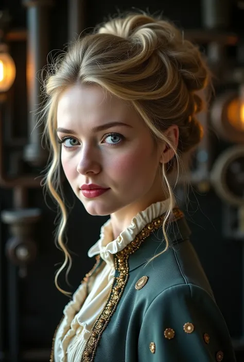 Victorian steampunk woman with blonde hair updo side face photo