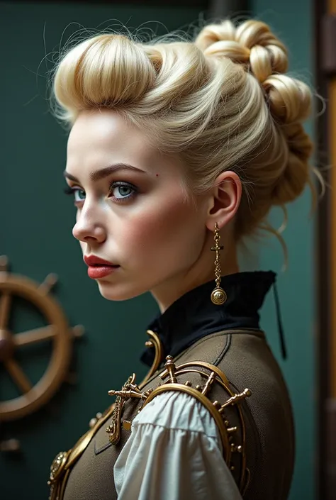 Victorian steampunk woman with blonde hair updo side face photo. Side face shot.